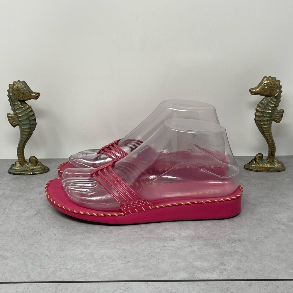 Gianni Bini Pink Strappy Flat Thong Sandals Yellow Stitching Leather Size 6